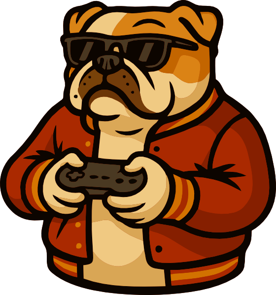 Mascote bulldog gamer da Péricles Retrogames